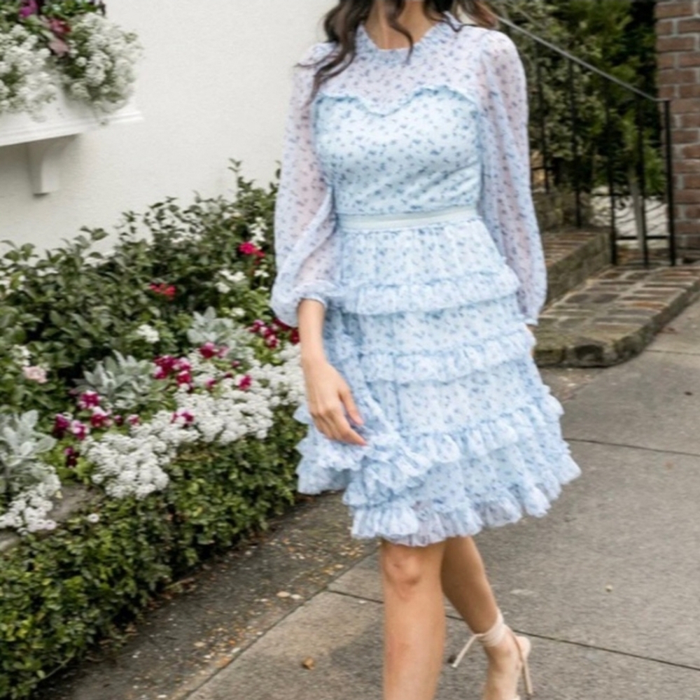 Ivy City Co Blue & Navy Abstract Floral Print Long Sleeves Mini Tiered Dress.
